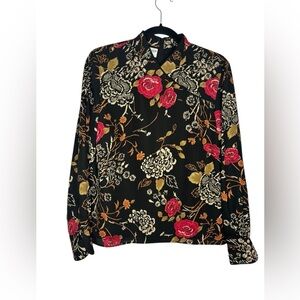 VTG PENDLETON Black Floral Oriental Crepe Blouse Long Sleeve Size 8